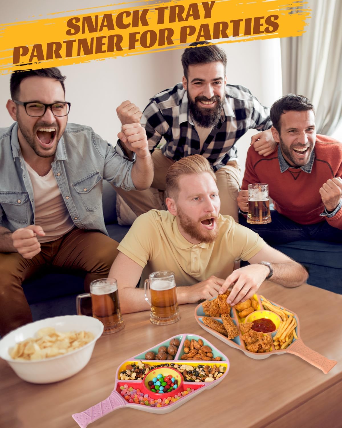 Paddle Snack Tray Pickleball Serving Tray- Ceramic Bat Shaped Snack Platter with 5 Compartments & Dip Bowl