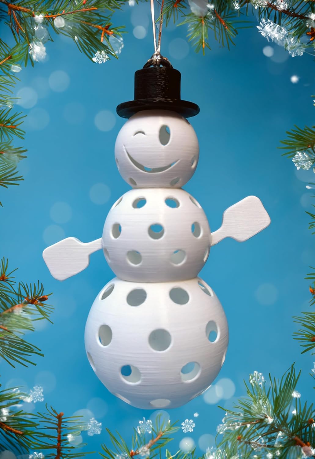 3D Pickleball Snowman Ornament for Tree or Tabletop - 4.5" (With Hat)