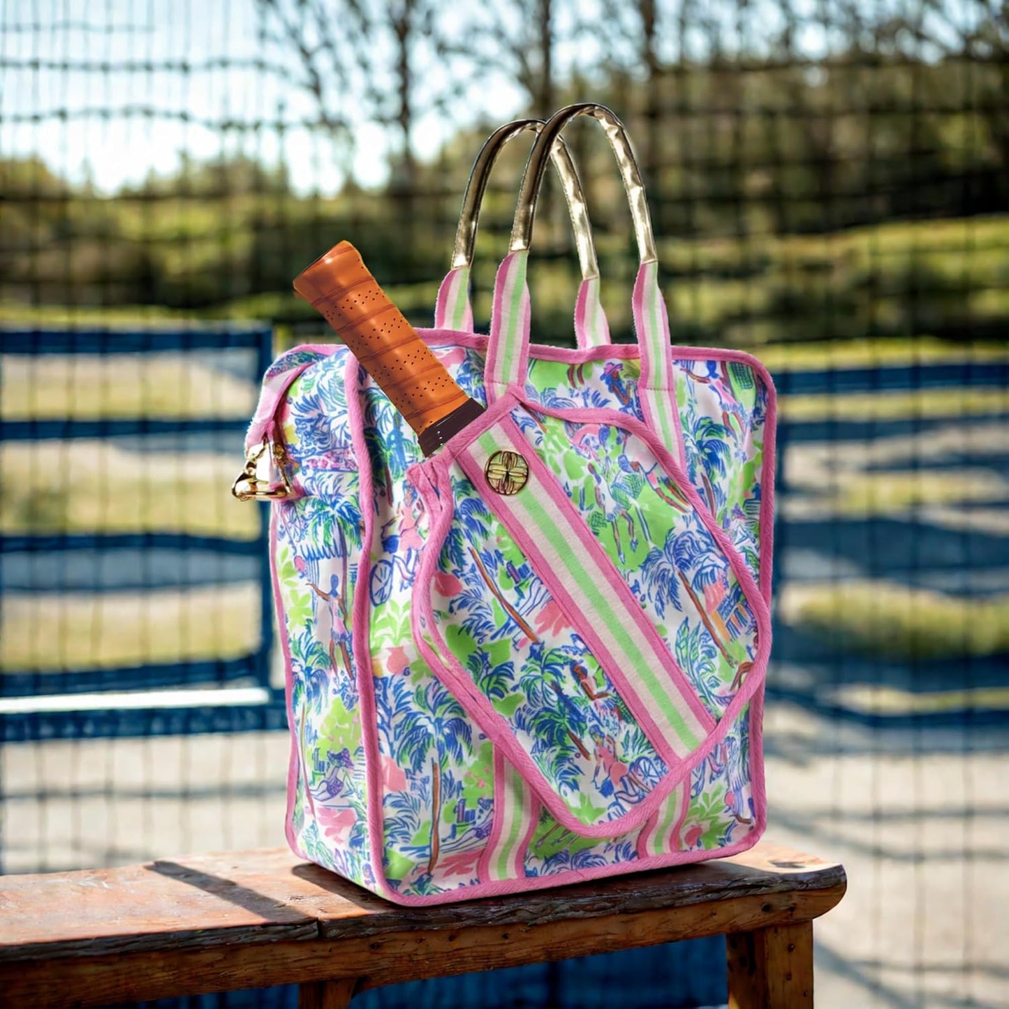 Pickleball Bag for Women with Storage for 2 Paddles, Zipper Pocket, Waterbottle Sleeve and Gold Details, Serving It Up