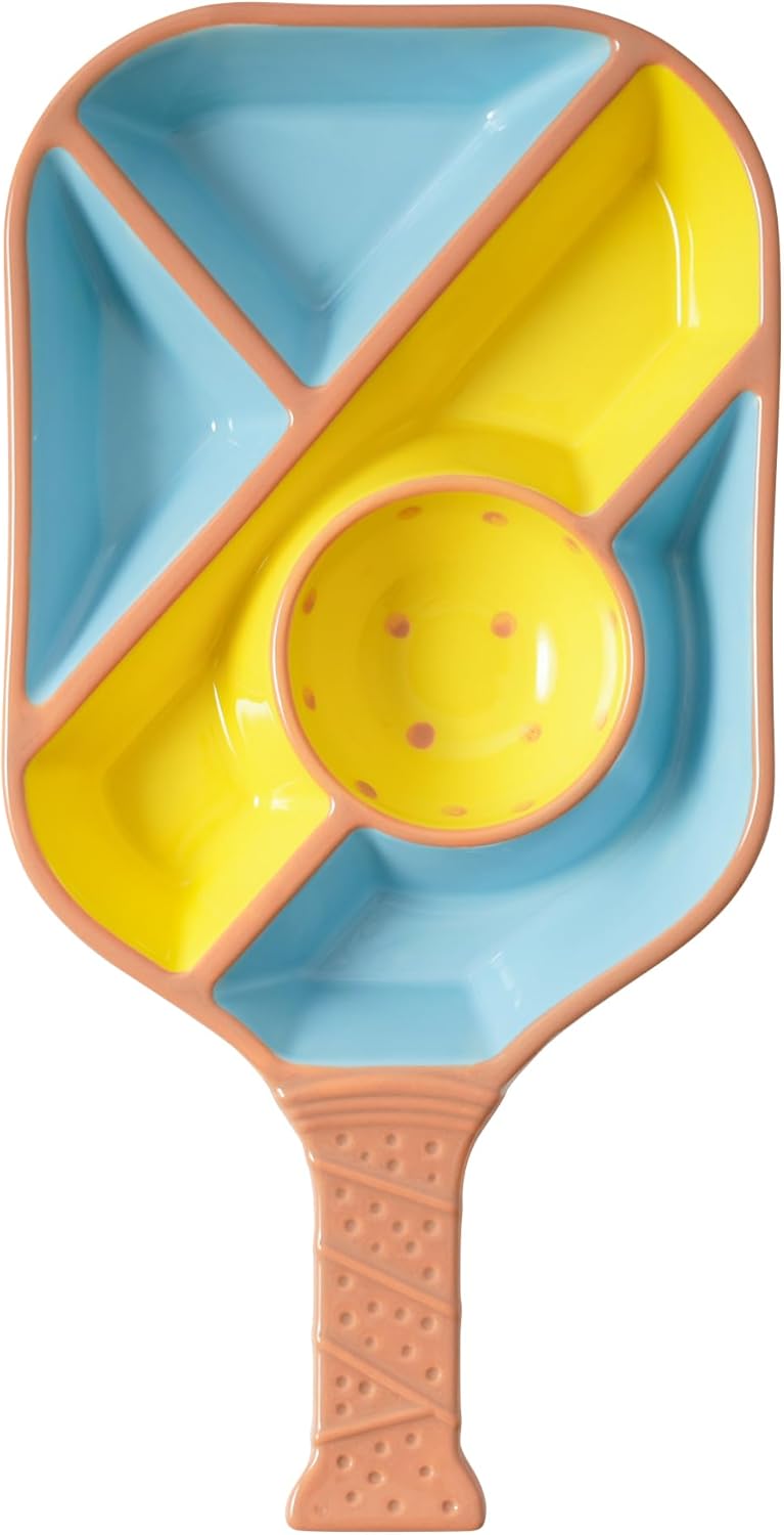 Paddle Snack Tray Pickleball Serving Tray- Ceramic Bat Shaped Snack Platter with 5 Compartments & Dip Bowl