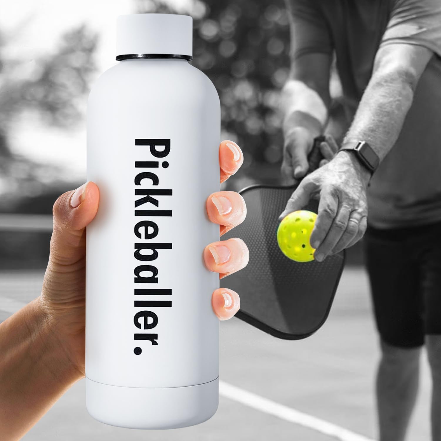 Pickleball Water Bottle - 16 Oz, White, Plastic, Sports, Pickleball, Outdoor Activities, BPA Free, Reusable, Brushed, Round, Durable, Impact Resistant, Eco-Friendly, Aesthetically Pleasing