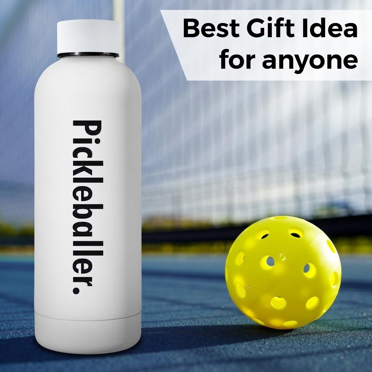 Pickleball Water Bottle - 16 Oz, White, Plastic, Sports, Pickleball, Outdoor Activities, BPA Free, Reusable, Brushed, Round, Durable, Impact Resistant, Eco-Friendly, Aesthetically Pleasing