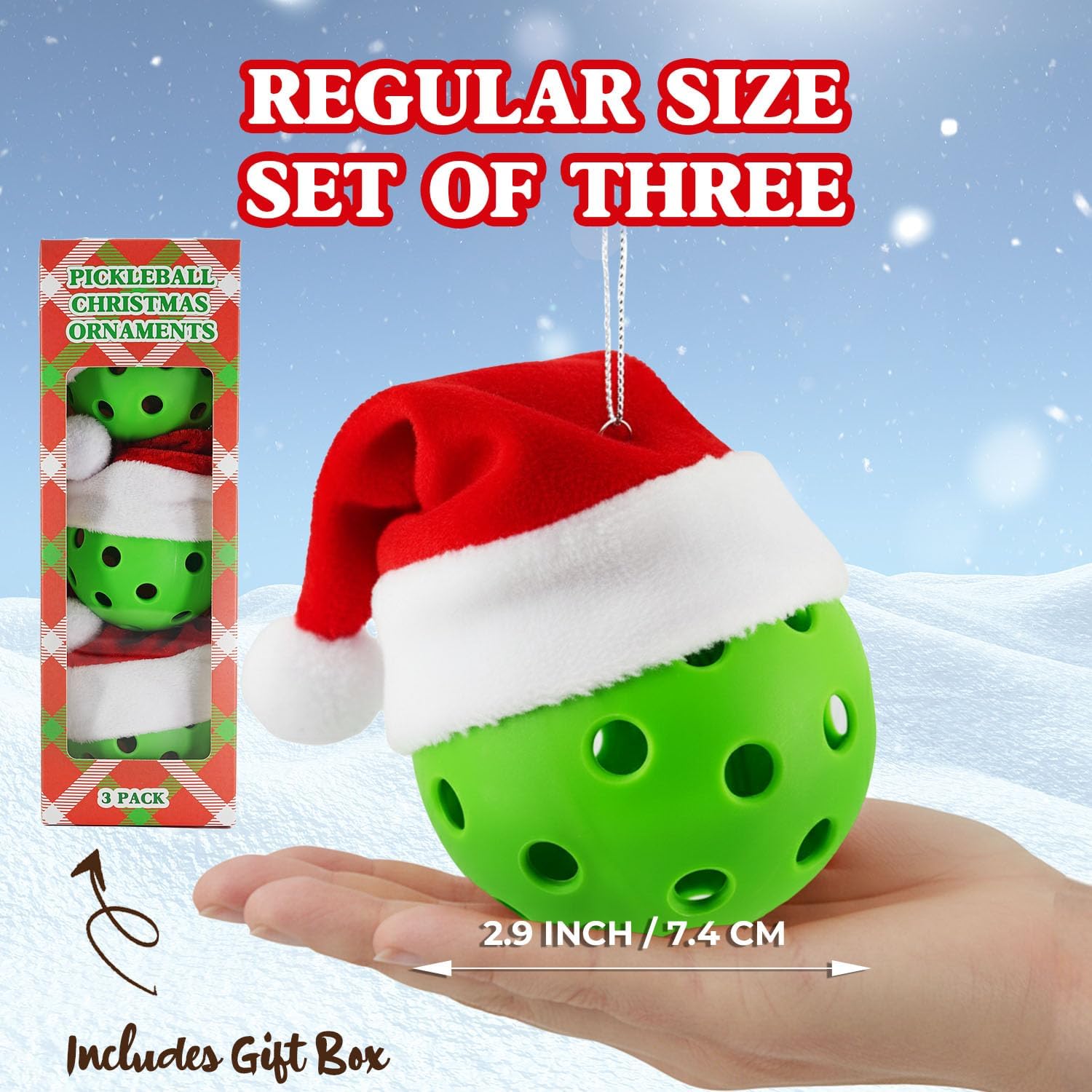 Pickleball Ornaments Set of 3, Green Balls with Santa Hats