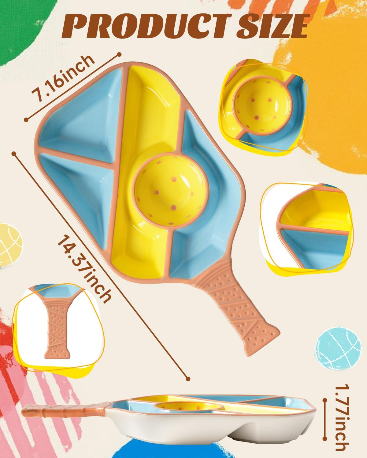 Paddle Snack Tray Pickleball Serving Tray- Ceramic Bat Shaped Snack Platter with 5 Compartments & Dip Bowl