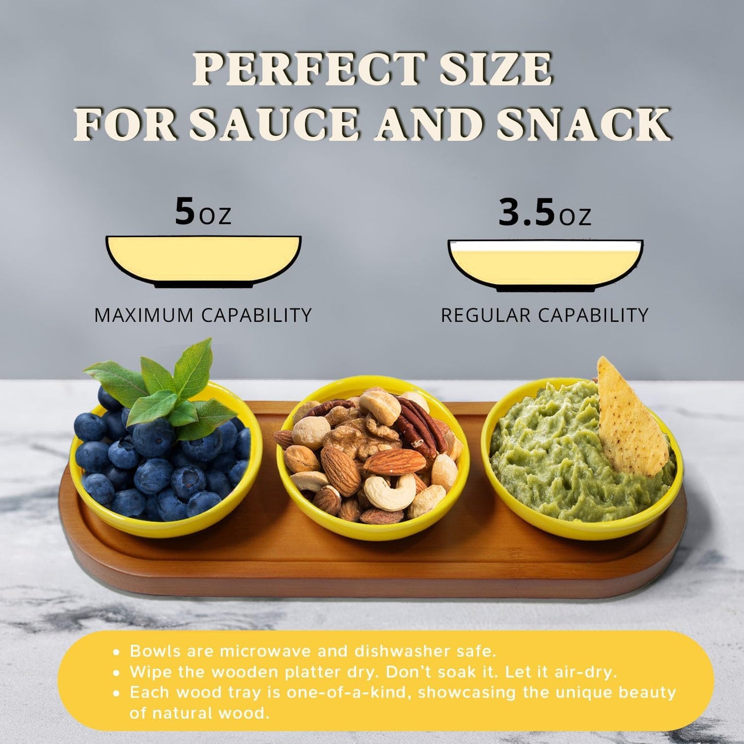 Pickleball Snack Serving Tray, Ceramic Dipping Bowls with Wood Charcuterie Board