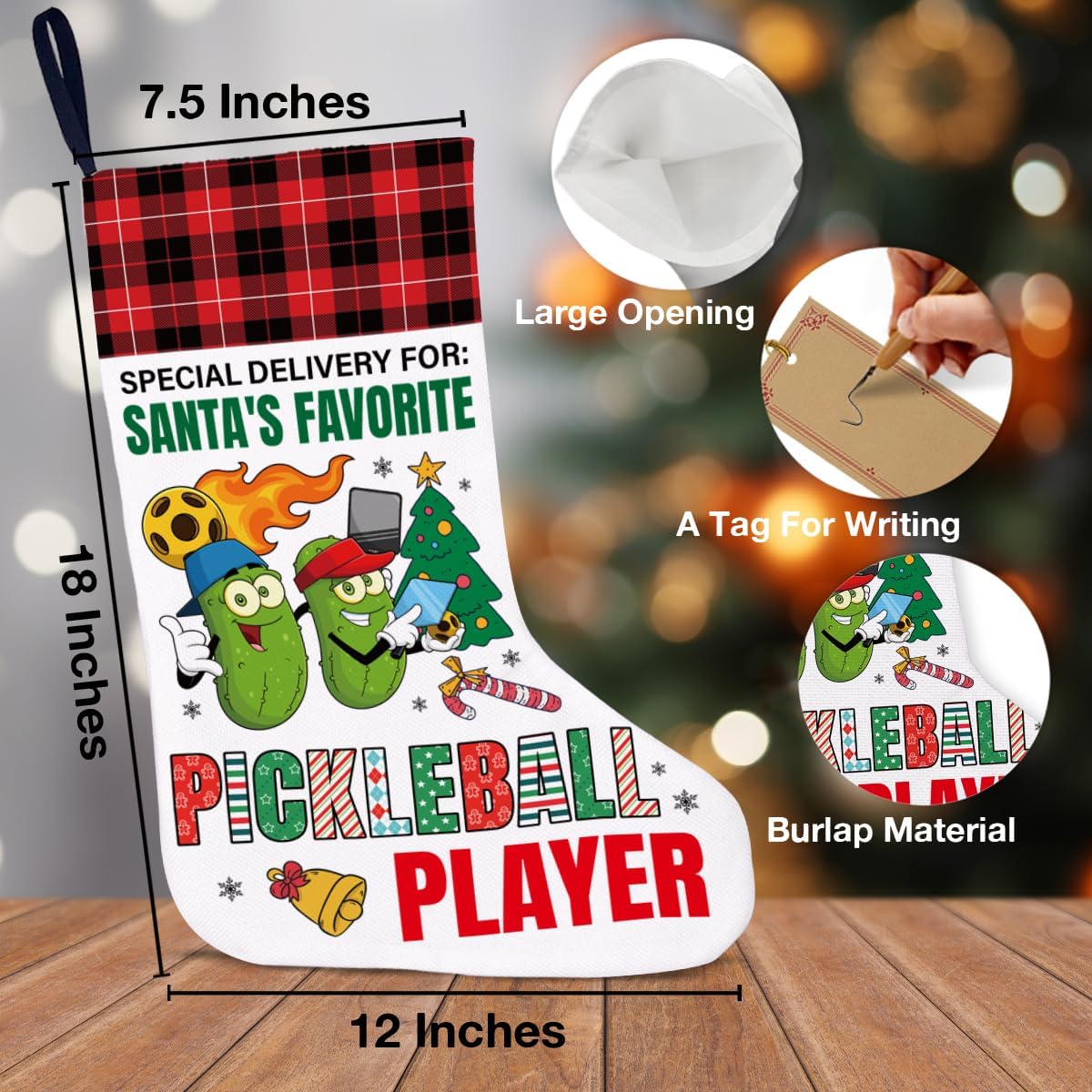 Pickleball Christmas Stocking 18 X 12 Inches