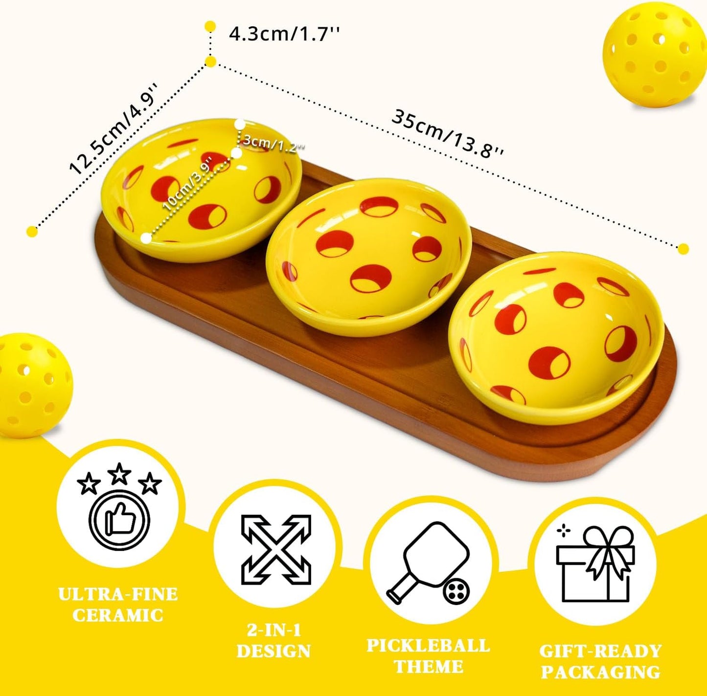 Pickleball Snack Serving Tray, Ceramic Dipping Bowls with Wood Charcuterie Board