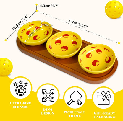 Pickleball Snack Serving Tray, Ceramic Dipping Bowls with Wood Charcuterie Board