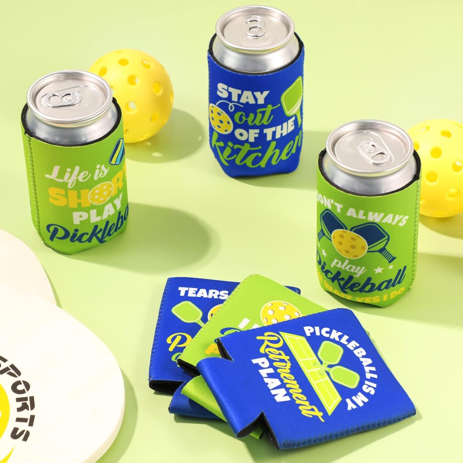 Pickleball Neoprene Can Coolers, Double-Sided, fits 12 oz cans , 6 PCS Blue & Green