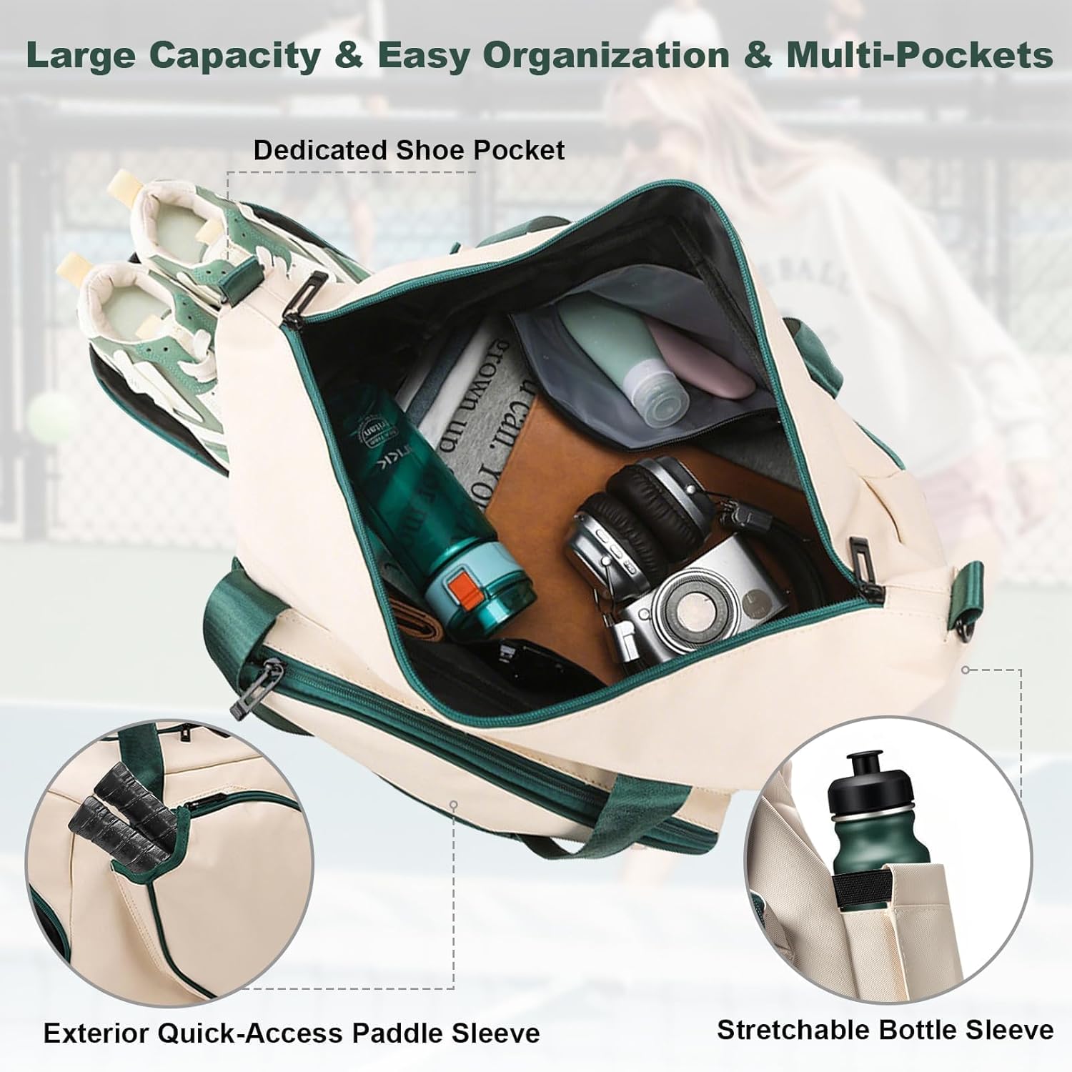 Pickleball Tote Bag with Shoe Compartment and Paddle Storage