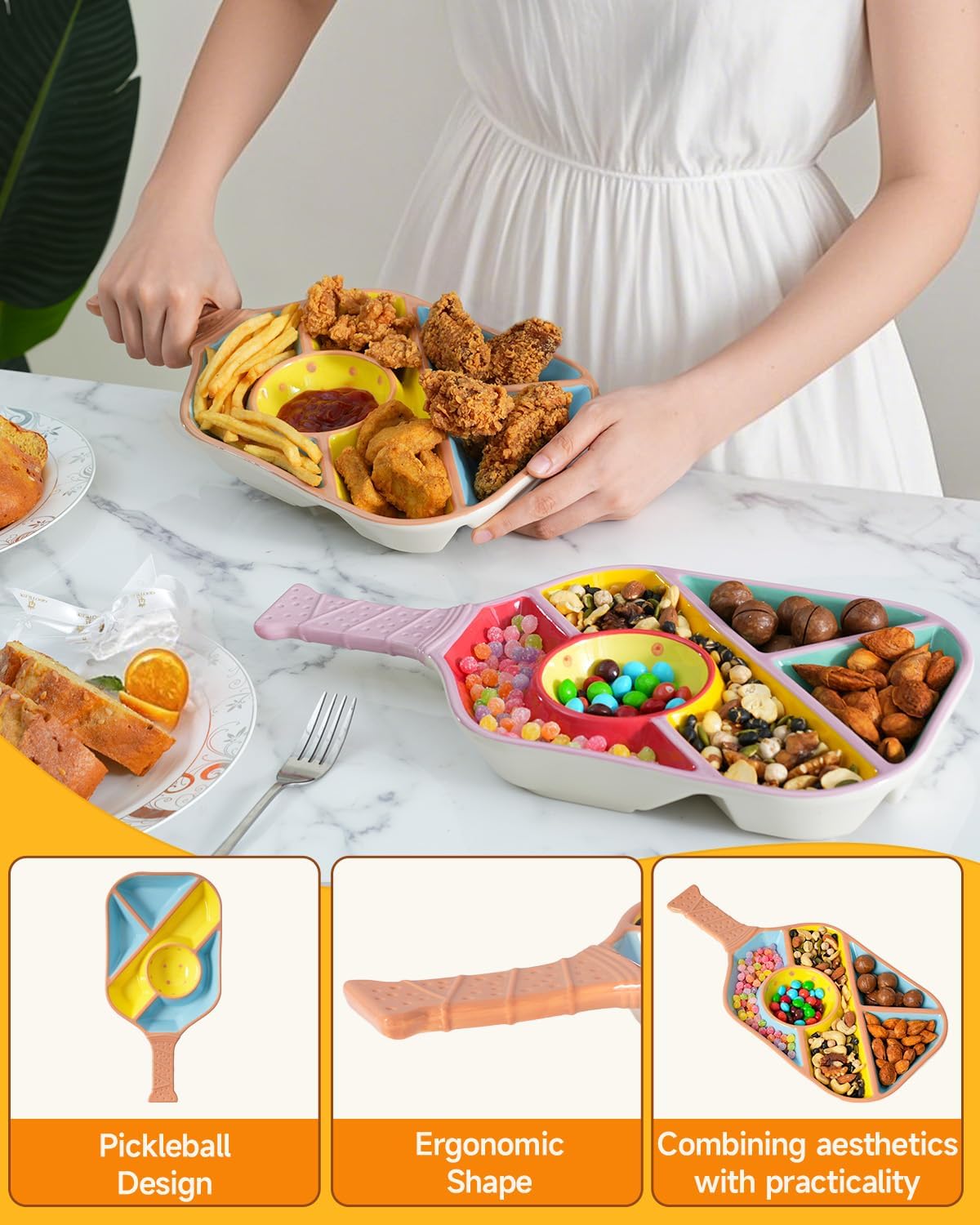 Paddle Snack Tray Pickleball Serving Tray- Ceramic Bat Shaped Snack Platter with 5 Compartments & Dip Bowl