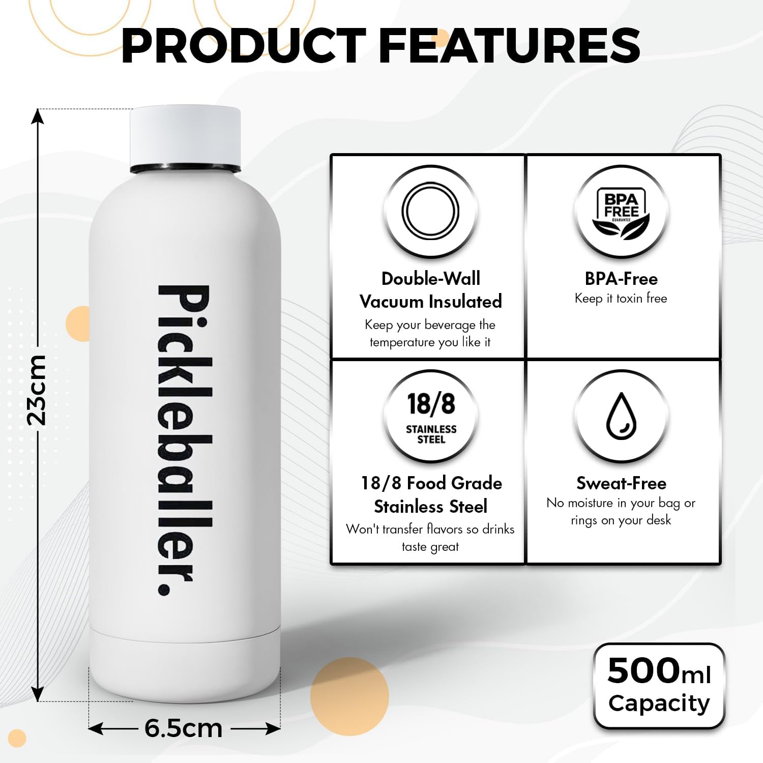 Pickleball Water Bottle - 16 Oz, White, Plastic, Sports, Pickleball, Outdoor Activities, BPA Free, Reusable, Brushed, Round, Durable, Impact Resistant, Eco-Friendly, Aesthetically Pleasing