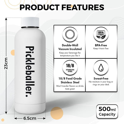 Pickleball Water Bottle - 16 Oz, White, Plastic, Sports, Pickleball, Outdoor Activities, BPA Free, Reusable, Brushed, Round, Durable, Impact Resistant, Eco-Friendly, Aesthetically Pleasing