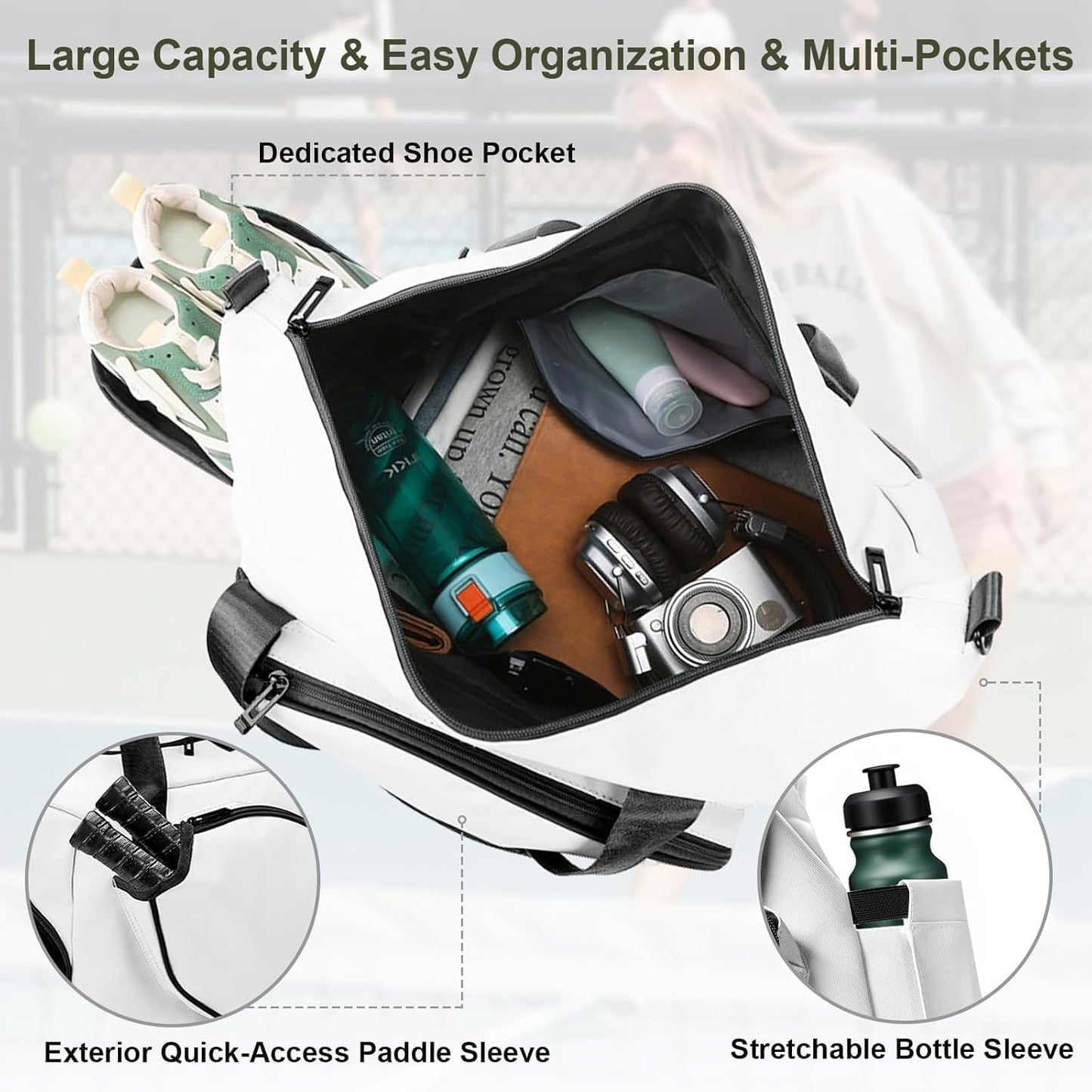Pickleball Tote Bag with Shoe Compartment and Paddle Storage 