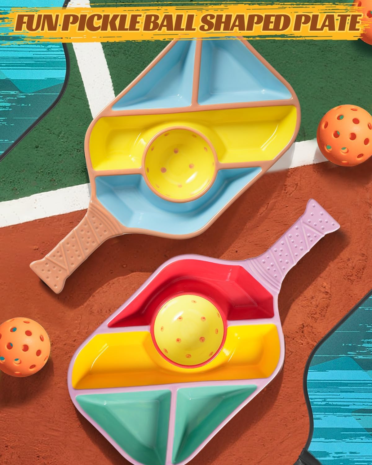 Paddle Snack Tray Pickleball Serving Tray- Ceramic Bat Shaped Snack Platter with 5 Compartments & Dip Bowl