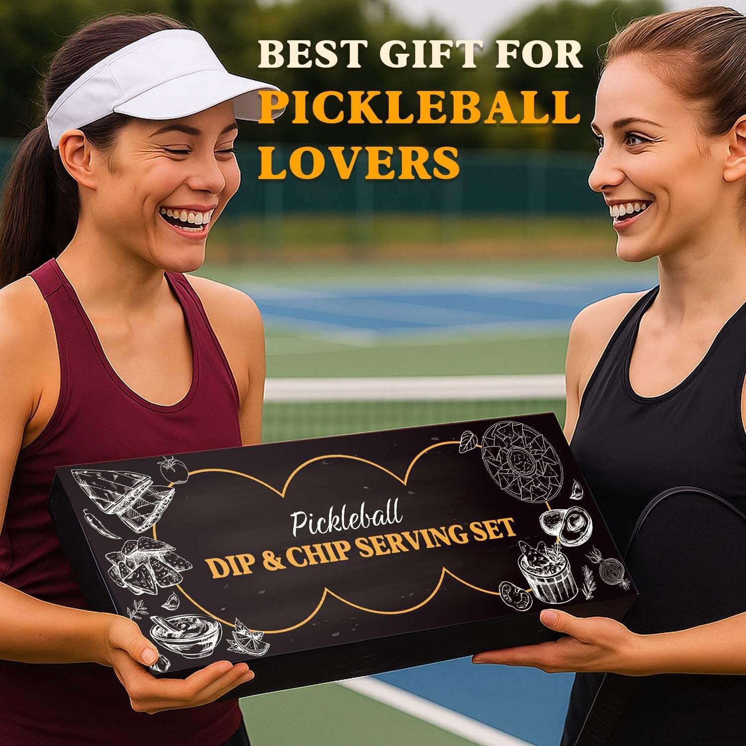 Pickleball Snack Serving Tray, Ceramic Dipping Bowls with Wood Charcuterie Board