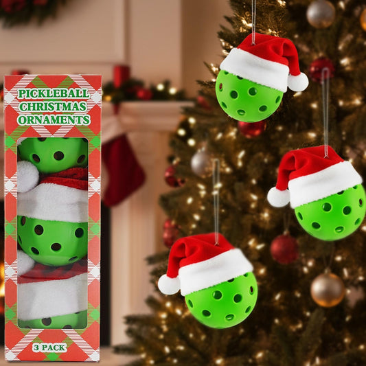 Pickleball Ornaments Set of 3, Green Balls with Santa Hats