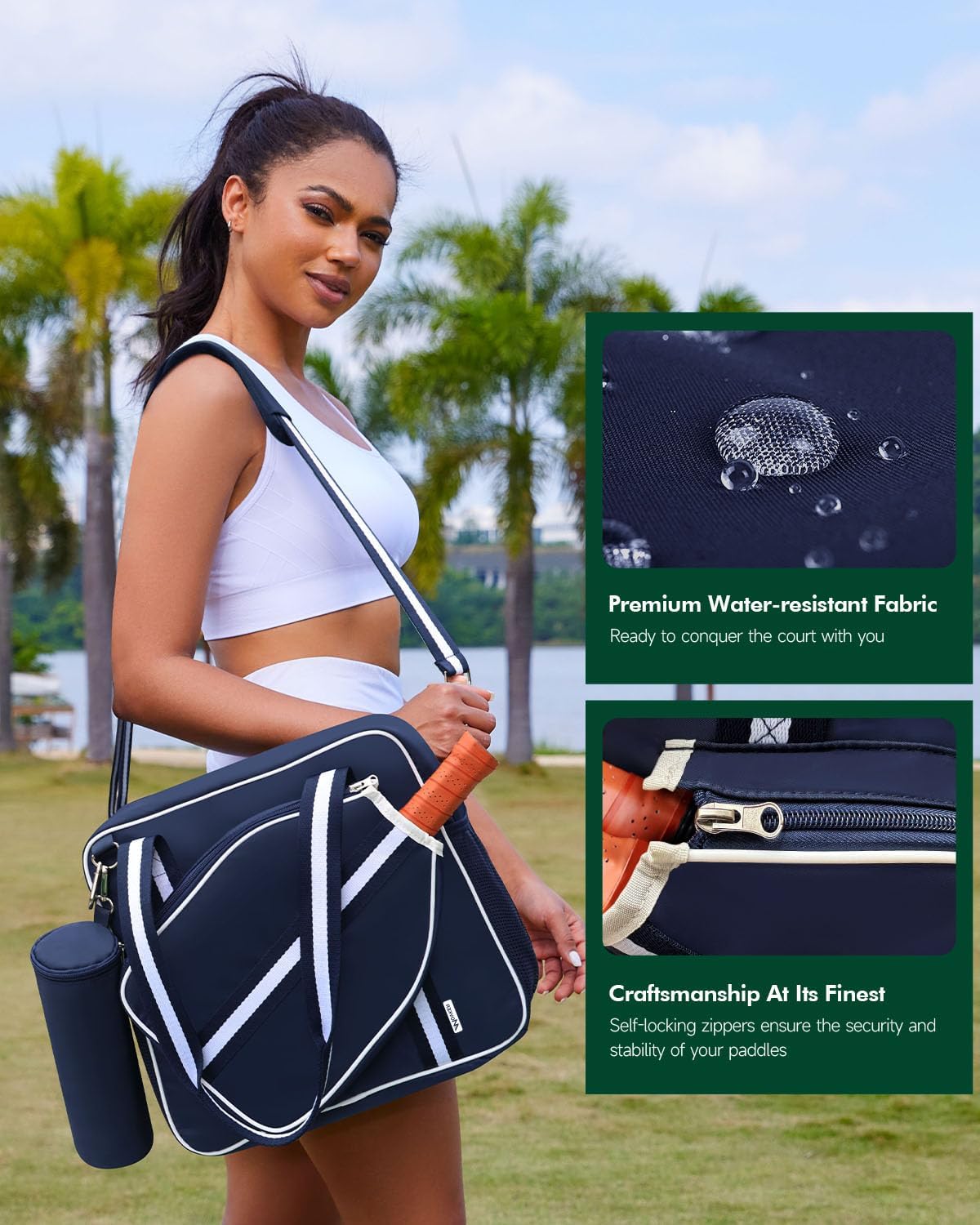 Pickleball Tote Bag for Women Men with Paddle Cover Pocket External Ball Bag and Adjustable Shoulder Strap Fence Hook