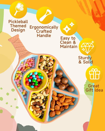 Paddle Snack Tray Pickleball Serving Tray- Ceramic Bat Shaped Snack Platter with 5 Compartments & Dip Bowl