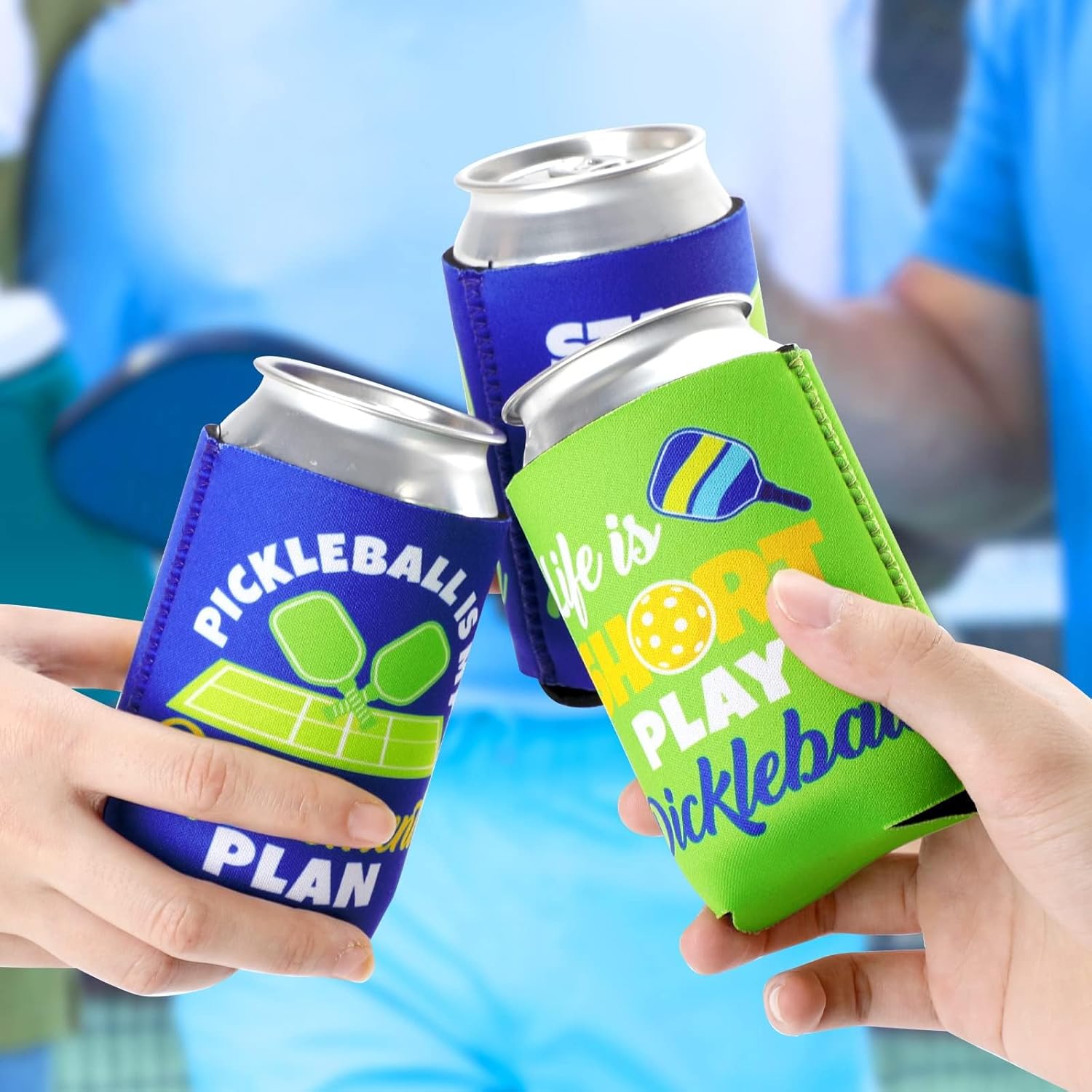 Pickleball Neoprene Can Coolers, Double-Sided, fits 12 oz cans , 6 PCS Blue & Green