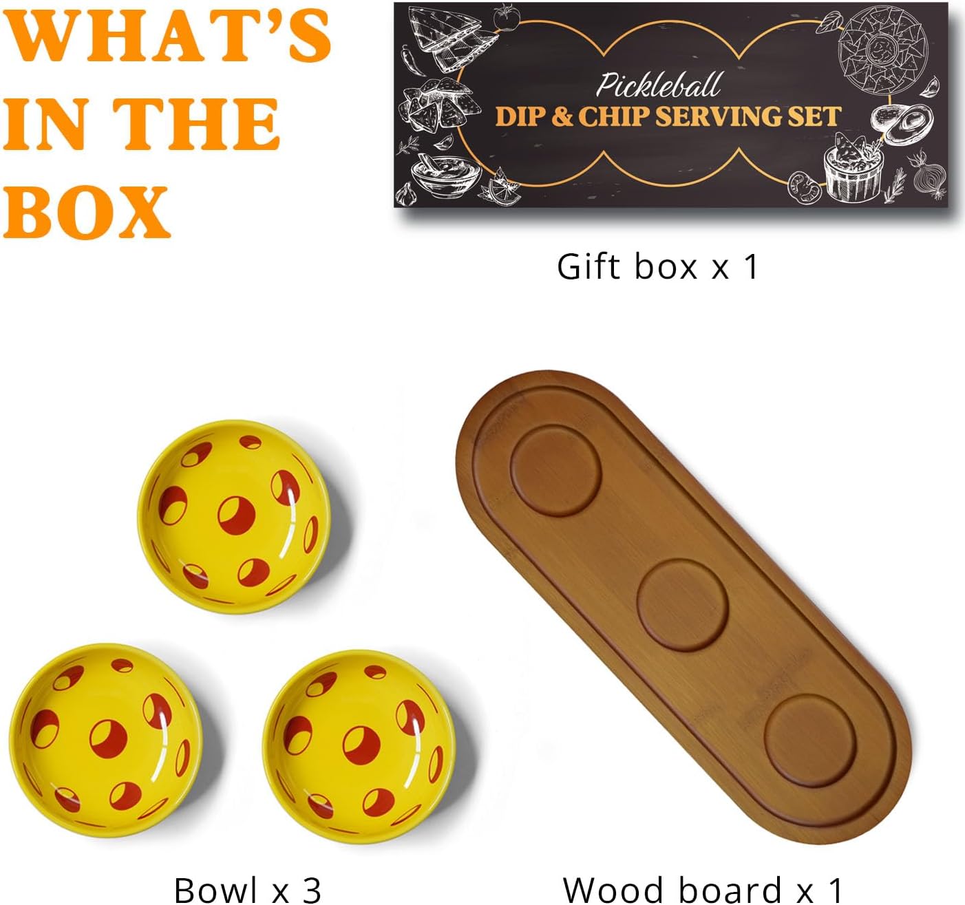 Pickleball Snack Serving Tray, Ceramic Dipping Bowls with Wood Charcuterie Board