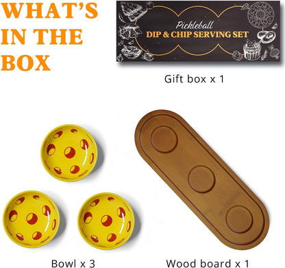 Pickleball Snack Serving Tray, Ceramic Dipping Bowls with Wood Charcuterie Board