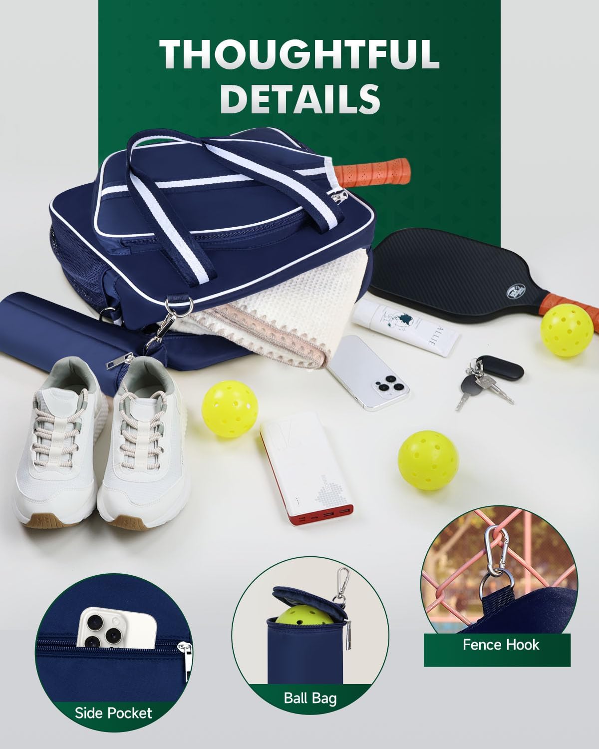 Pickleball Tote Bag for Women Men with Paddle Cover Pocket External Ball Bag and Adjustable Shoulder Strap Fence Hook