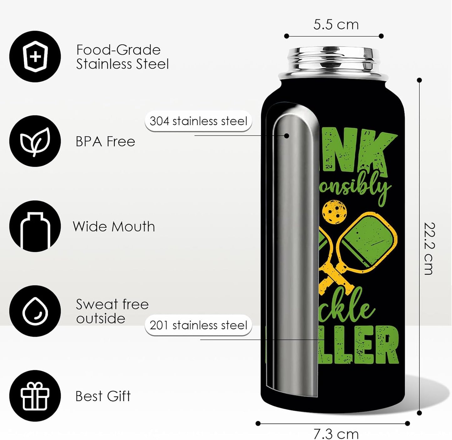 Pickleball Water Bottle 32Oz | Insulated Stainless Steel