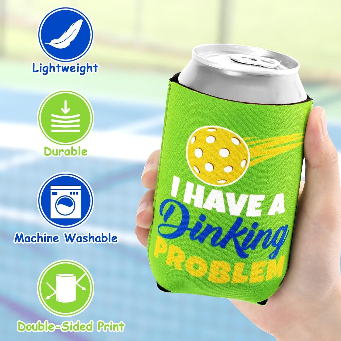 Pickleball Neoprene Can Coolers, Double-Sided, fits 12 oz cans , 6 PCS Blue & Green