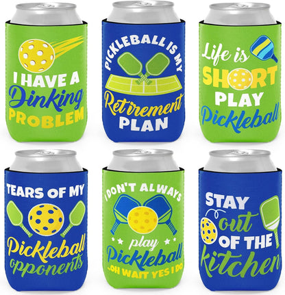 Pickleball Neoprene Can Coolers, Double-Sided, fits 12 oz cans , 6 PCS Blue & Green