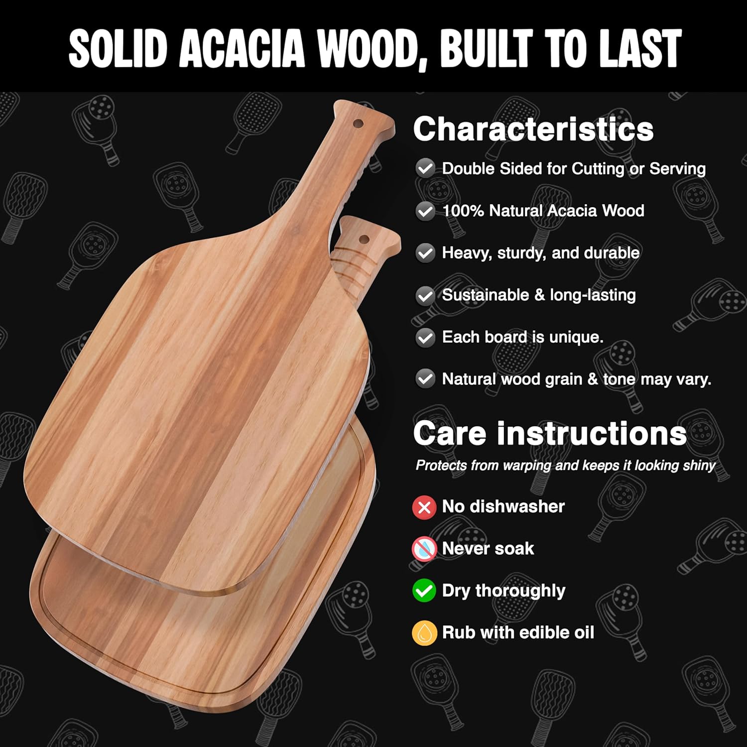 Acacia Wood Pickleball Paddle Charcuterie & Cheese Board (16.9” X 8.1”)
