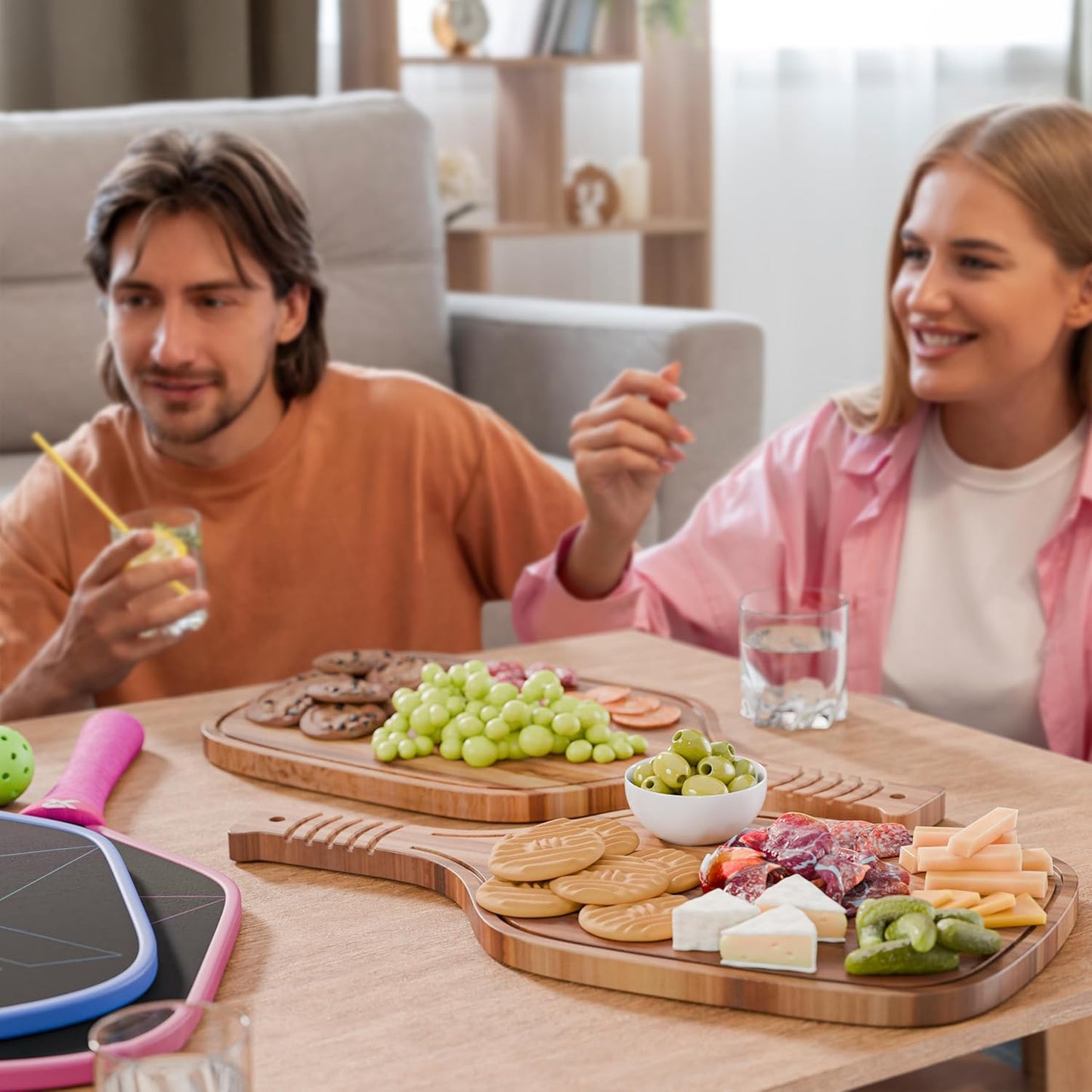 Set of 2 Pickleball Paddle Charcuterie & Cheese Boards – Acacia Wood Cutting Boards (16.9” X 8.1”) Serving Tray