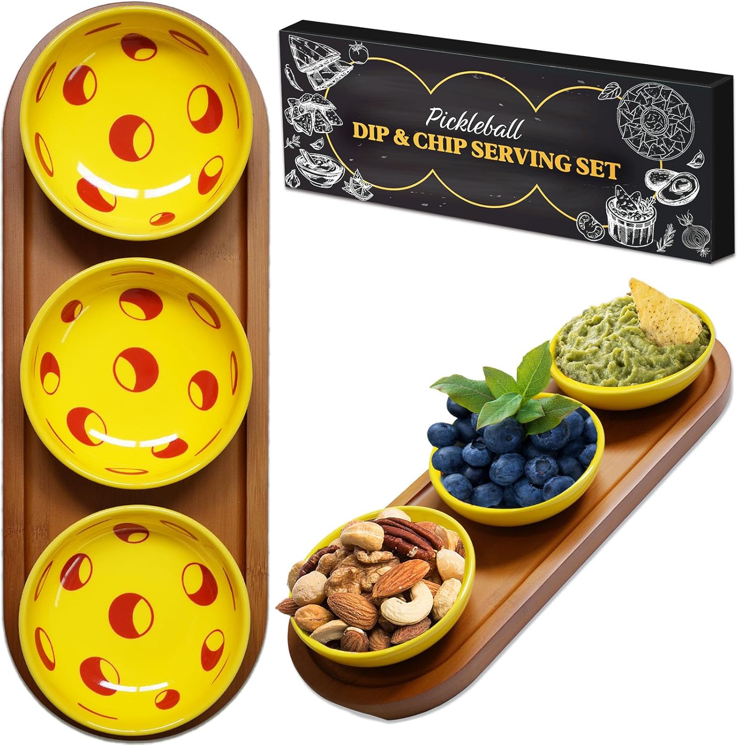 Pickleball Snack Serving Tray, Ceramic Dipping Bowls with Wood Charcuterie Board