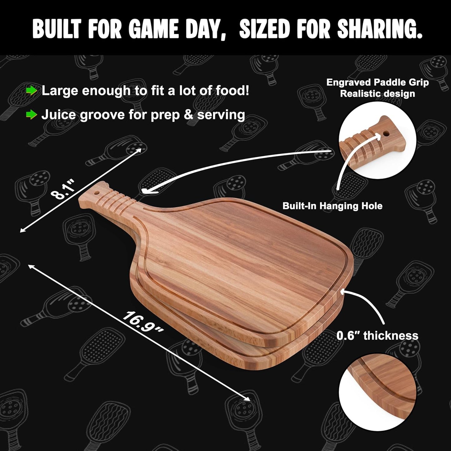 Set of 2 Pickleball Paddle Charcuterie & Cheese Boards – Acacia Wood Cutting Boards (16.9” X 8.1”) Serving Tray