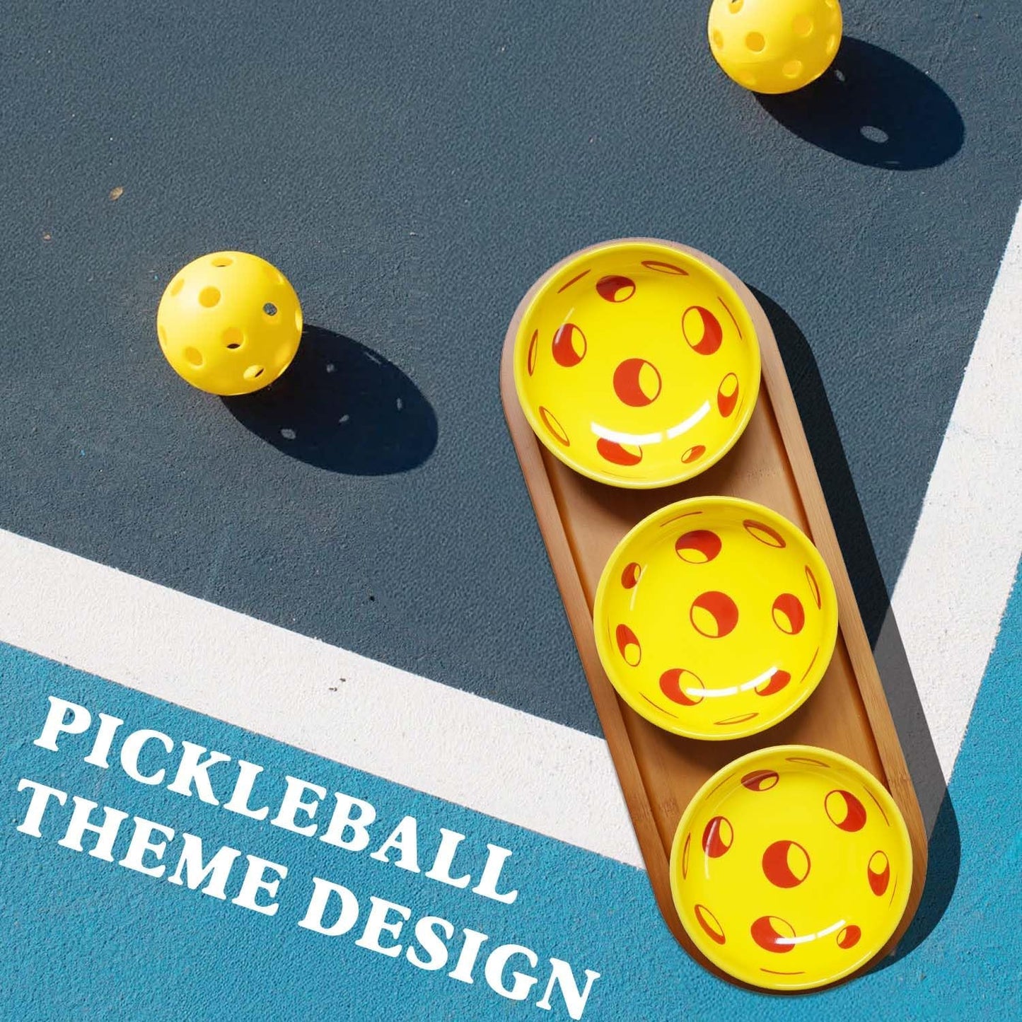 Pickleball Snack Serving Tray, Ceramic Dipping Bowls with Wood Charcuterie Board