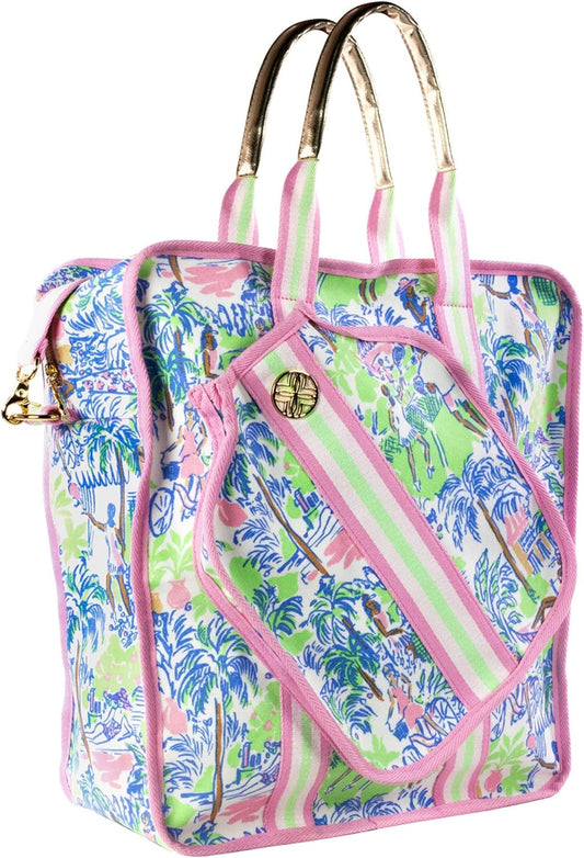 Pickleball Bag for Women with Storage for 2 Paddles, Zipper Pocket, Waterbottle Sleeve and Gold Details, Serving It Up