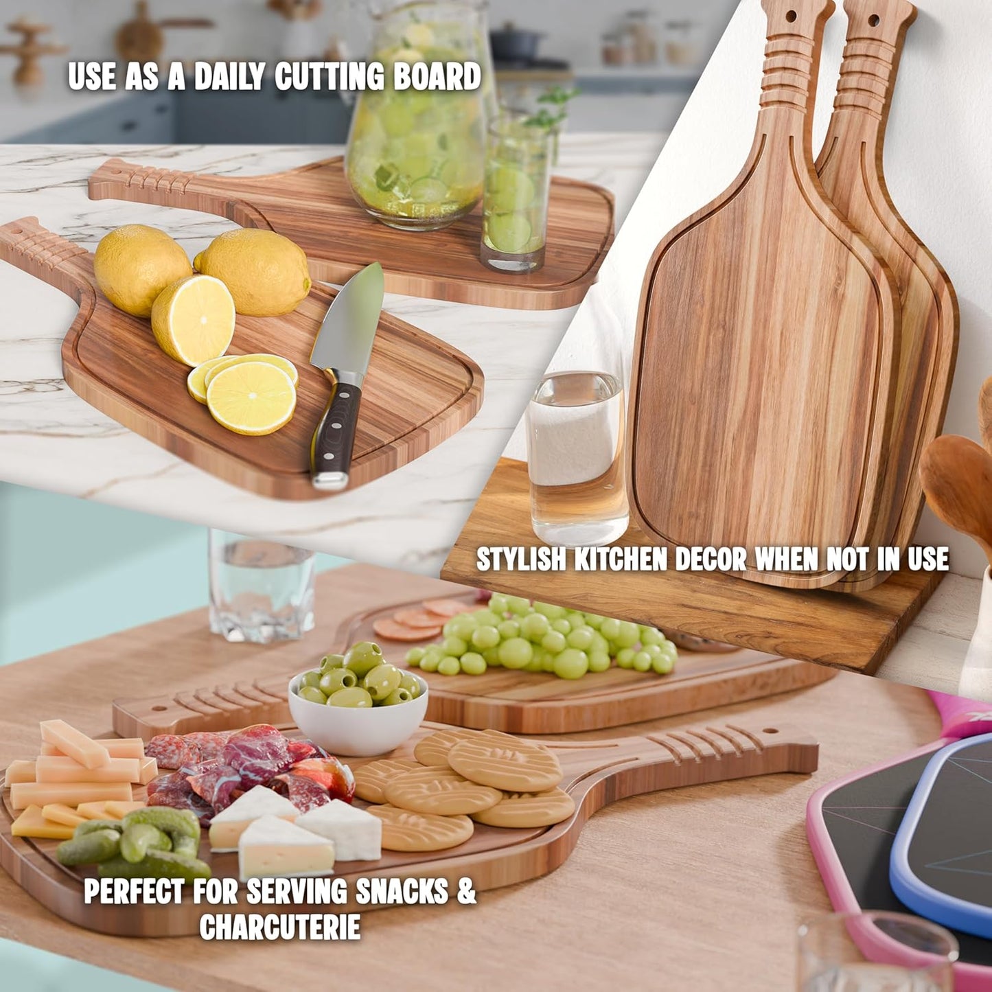 Set of 2 Pickleball Paddle Charcuterie & Cheese Boards – Acacia Wood Cutting Boards (16.9” X 8.1”) Serving Tray