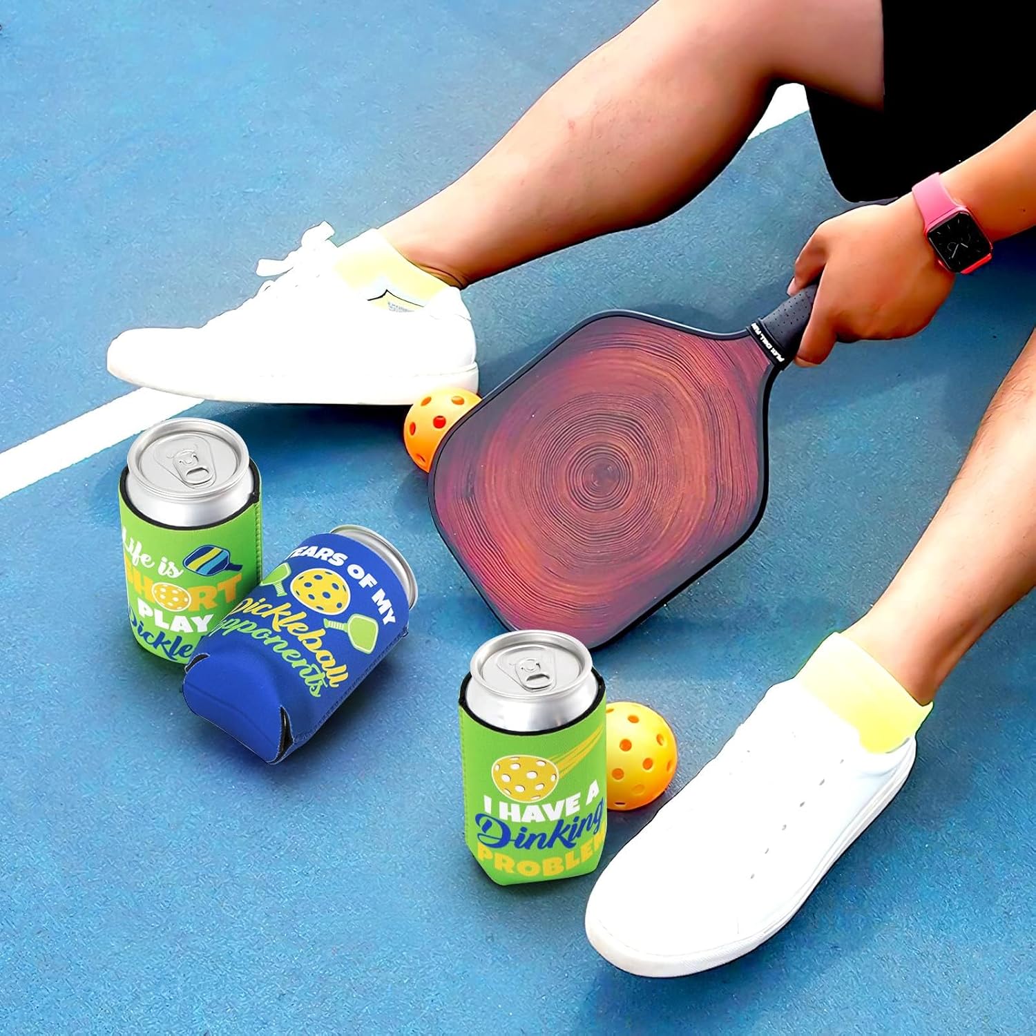 Pickleball Neoprene Can Coolers, Double-Sided, fits 12 oz cans , 6 PCS Blue & Green