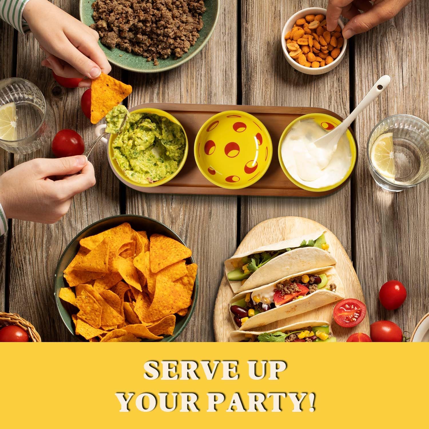 Pickleball Snack Serving Tray, Ceramic Dipping Bowls with Wood Charcuterie Board