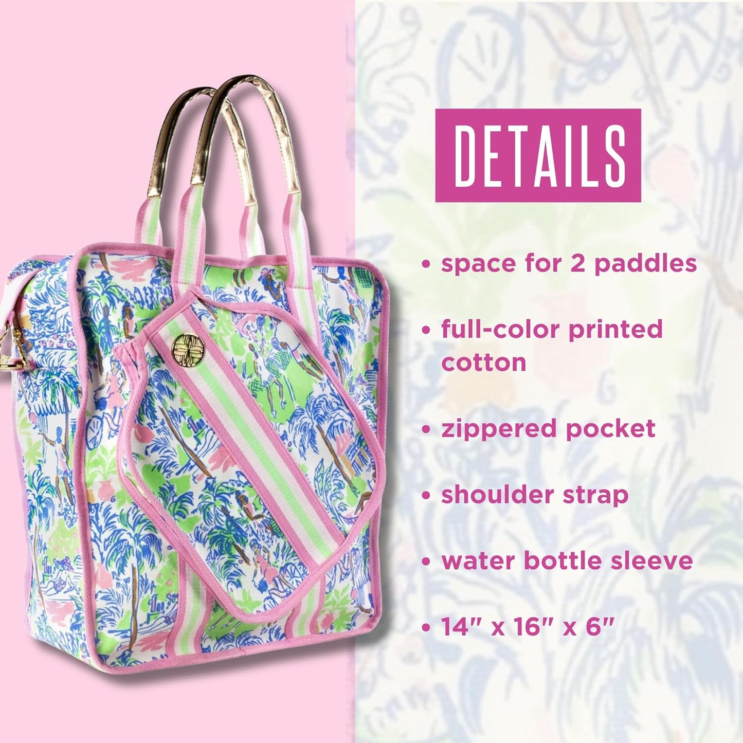 Pickleball Bag for Women with Storage for 2 Paddles, Zipper Pocket, Waterbottle Sleeve and Gold Details, Serving It Up