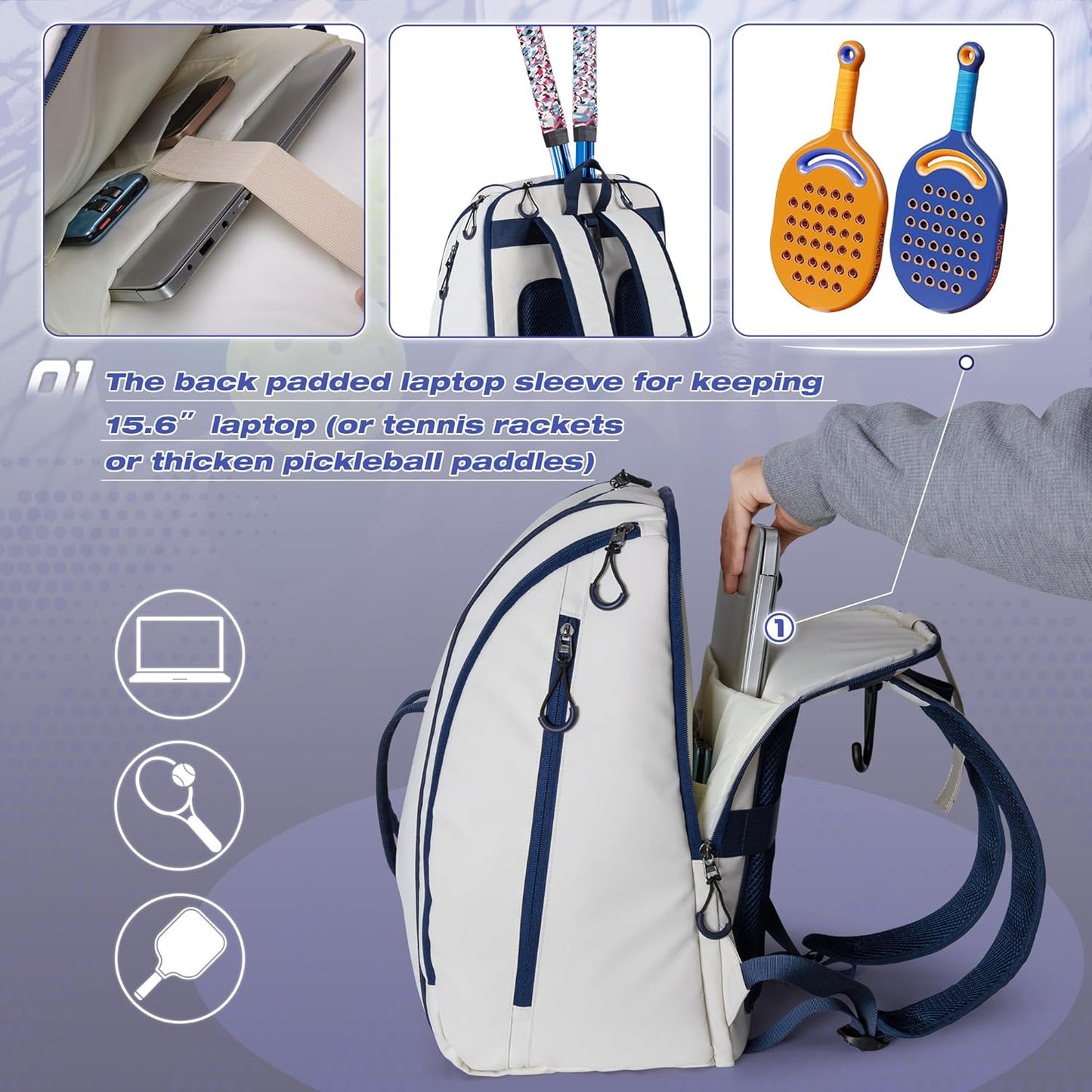 Pickleball Backpack with Laptop Pocket, Shoe Compartment and Fence Hook